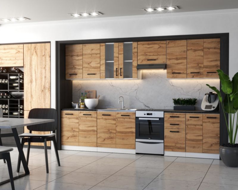 Zestaw Kuchenny Hurtownia-Mebli Z Blatem Kuchnia Jowita 3.2 320cm Biały Mat Dąb Wotan 320x47x145 cm 1szt.
