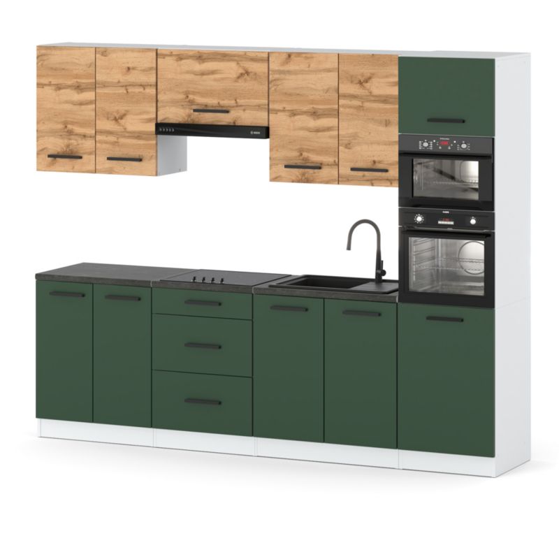 Zestaw Kuchenny Hurtownia-Mebli Z Blatem Kuchnia Marra 260cm Biały Mat Dąb Wotan/Butelkowa Zieleń 260x47x217 cm 1szt.