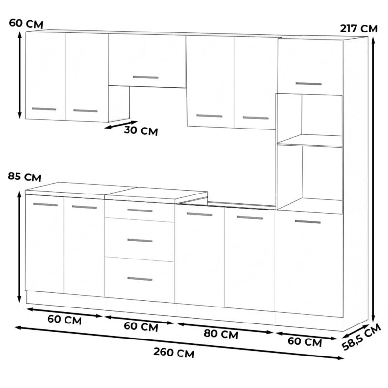 Zestaw Kuchenny Hurtownia-Mebli Z Blatem Kuchnia Marra 260cm Dąb Wotan Butelkowa Zieleń 260x47x217 cm 1szt.