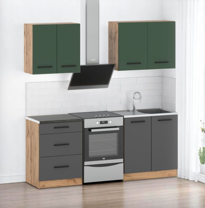 Zestaw Kuchenny Hurtownia-Mebli Z Blatem Kuchnia Mini Mokka 200cm Dąb Wotan Butelkowa Zieleń/Szary Mat 200x47x145 cm 1szt.