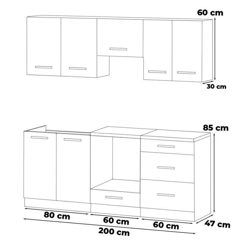 Zestaw Kuchenny Hurtownia-Mebli Z Blatem Kuchnia Mini Mokka Full 200cm Dąb Wotan Szary Mat 200x47x145 cm 1szt.