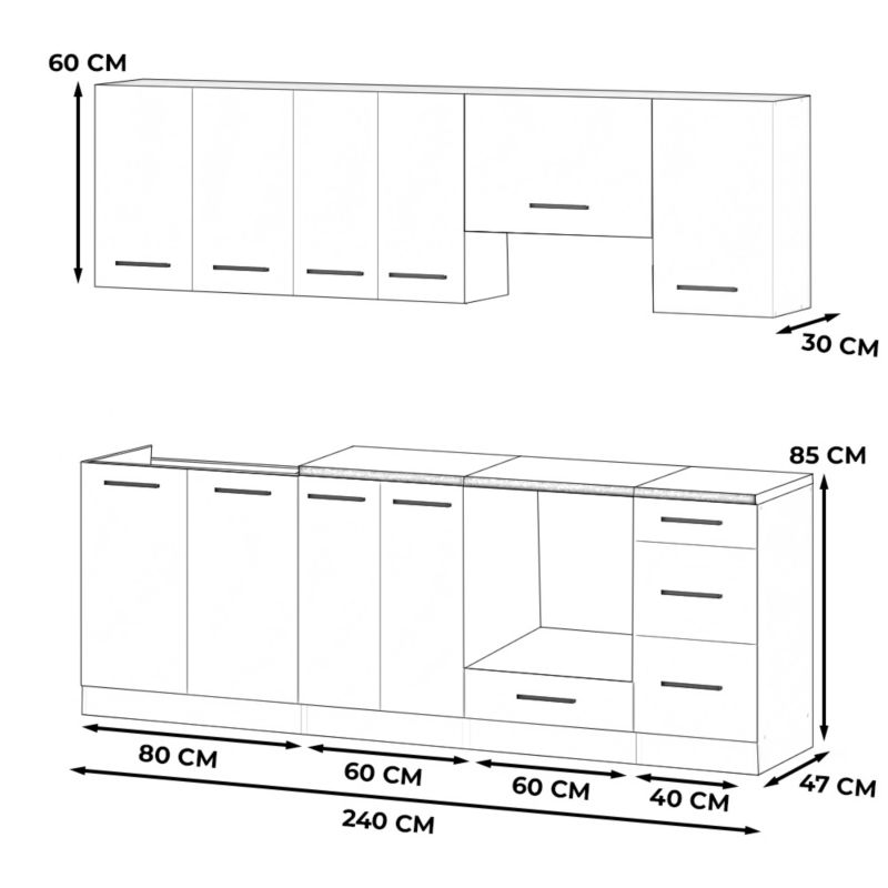 Zestaw Kuchenny Hurtownia-Mebli Z Blatem Kuchnia Mokka Plus 240cm Biały Mat Biały Mat/Szary Mat 240x47x145 cm 1szt.