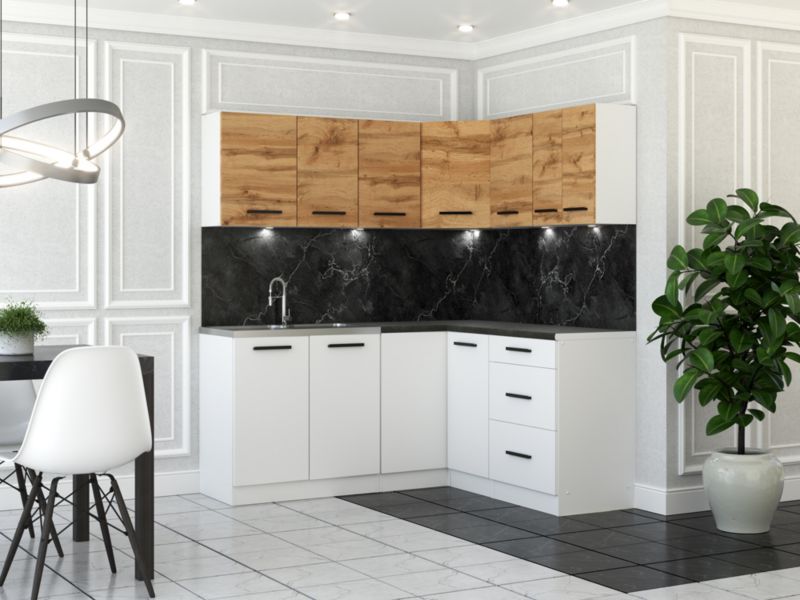 Zestaw Kuchenny Hurtownia-Mebli Z Blatem Kuchnia narożna Diana 320cm Biały Mat Dąb Wotan/Biały Mat 320x47x145 cm 1szt.