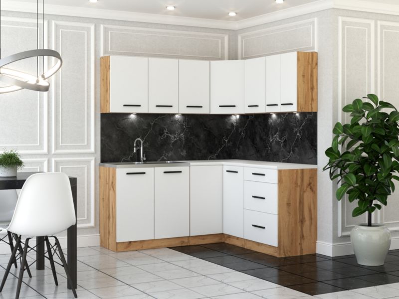 Zestaw Kuchenny Hurtownia-Mebli Z Blatem Kuchnia narożna Diana 320cm Dąb Wotan Biały Mat 320x47x145 cm 1szt.