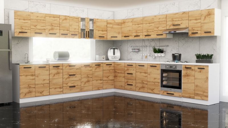 Zestaw Kuchenny Hurtownia-Mebli Z Blatem Kuchnia narożna Rossa 680cm Biały Mat Dąb Wotan/Biały Mat 680x47x145 cm 1szt.