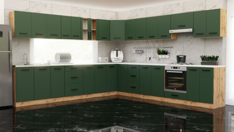 Zestaw Kuchenny Hurtownia-Mebli Z Blatem Kuchnia narożna Rossa 680cm Dąb Wotan Butelkowa Zieleń/Dąb Wotan 680x47x145 cm 1szt.