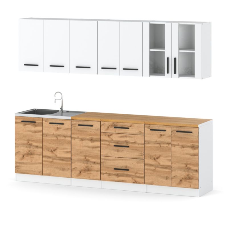Velkoobchodní kuchyňská sestava - Nábytek s pracovní deskou Kuchyně Remino 260cm Matná bílá Matná bílá/Dub Wotan 260x47x145 cm 1ks.