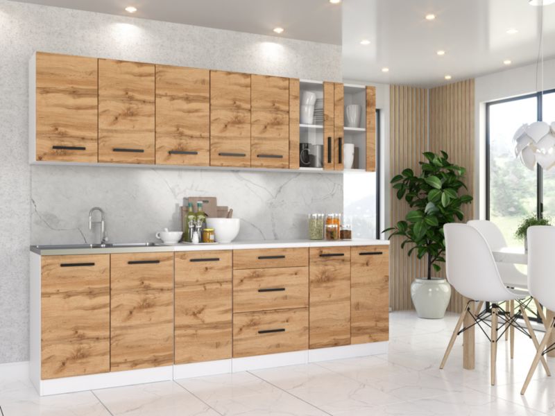 Zestaw Kuchenny Hurtownia-Mebli Z Blatem Kuchnia Remino 260cm Biały Mat Dąb Wotan/Butelkowa Zieleń 260x47x145 cm 1szt.
