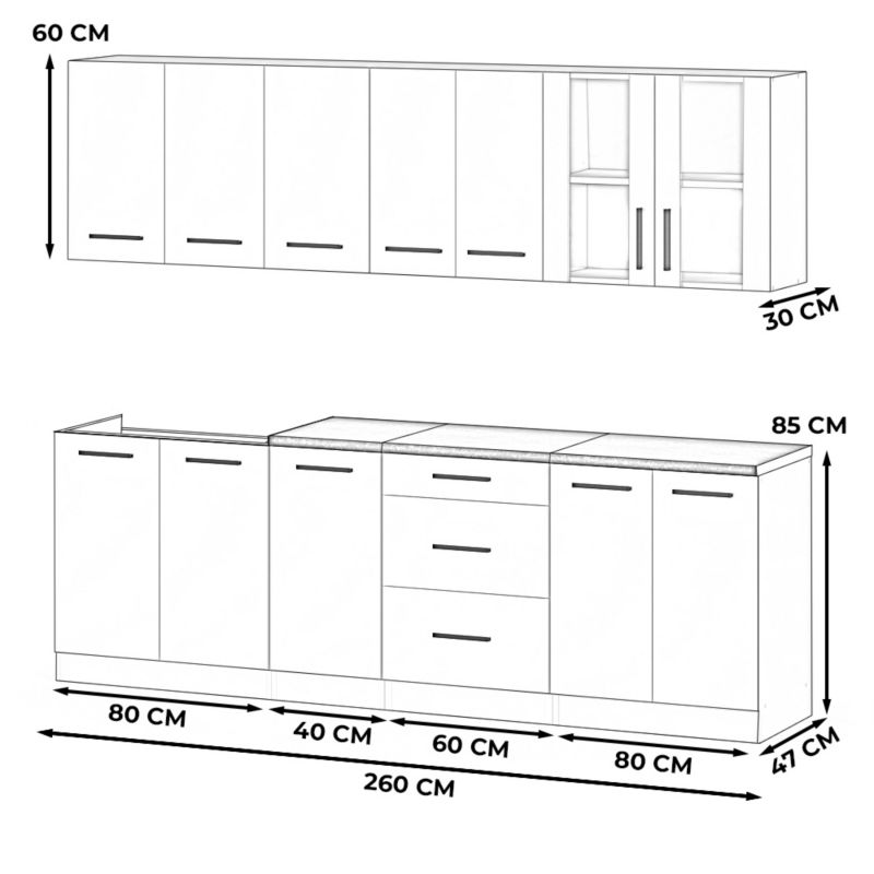 Zestaw Kuchenny Hurtownia-Mebli Z Blatem Kuchnia Remino 260cm Dąb Wotan Biały Mat 260x47x145 cm 1szt.