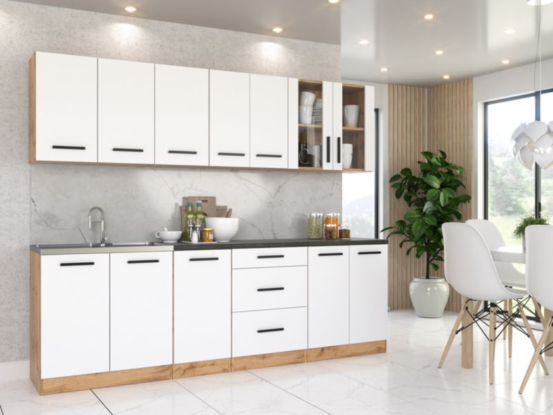 Zestaw Kuchenny Hurtownia-Mebli Z Blatem Kuchnia Remino 260cm Dąb Wotan Biały Mat 260x47x145 cm 1szt.