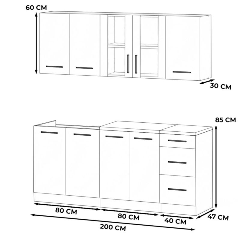 Zestaw Kuchenny Hurtownia-Mebli Z Blatem Kuchnia Rest 200cm Biały Mat Szary Mat/Dąb Wotan 200x47x145 cm 1szt.