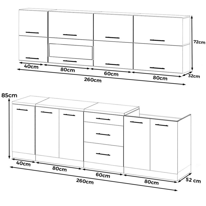 Zestaw Kuchenny Hurtownia-Mebli Z Blatem Kuchnia Robo Lux 260cm Biały Mat Biały Mat/Czarny Połysk 260x52x157 cm 1szt.
