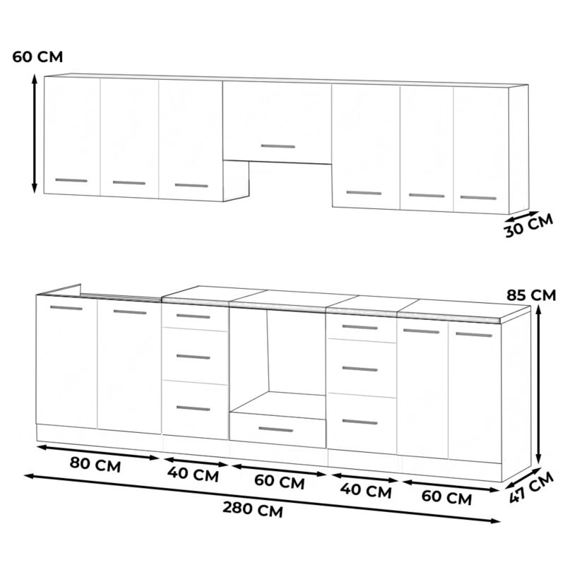 Zestaw Kuchenny Hurtownia-Mebli Z Blatem Kuchnia Roma 280cm Dąb Wotan Biały Mat/Szary Mat 280x47x145 cm 1szt.