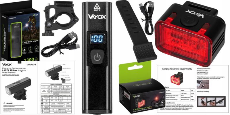 Zestaw lampek rowerowych Vayox VA0071 + VA0152 - przednia i tylna USB-C 1kpl.