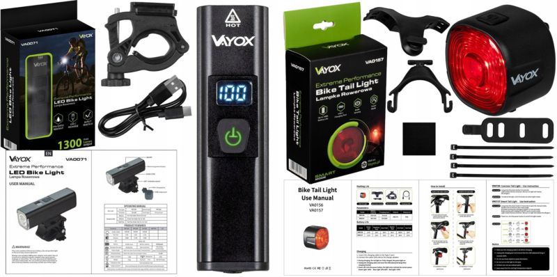 Zestaw lampek rowerowych Vayox VA0071 + VA0156 - przednia i tylna USB-C 1kpl.
