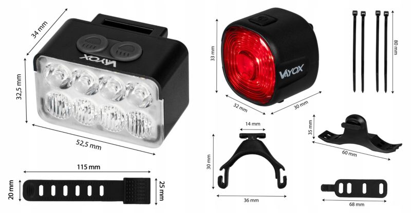 Zestaw lampek rowerowych Vayox VA0151 + VA0156 - przednia i tylna USB-C 1kpl.