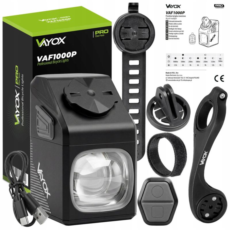 Zestaw lampka rowerowa Vayox VAF1000PRO + VABH2 - przednia 1kpl.
