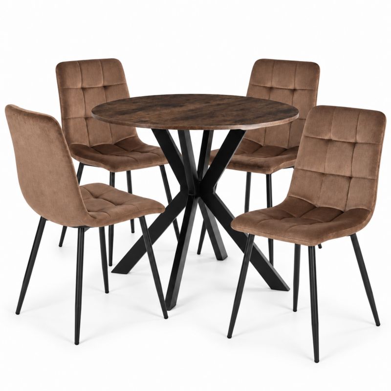 Zestaw Mebel Elite LAUREN + PERU Stół Okrągły 80 cm Dąb Rustykalny 4 Krzesła Welurowe Brązowe Do Jadalni 1 kpl.