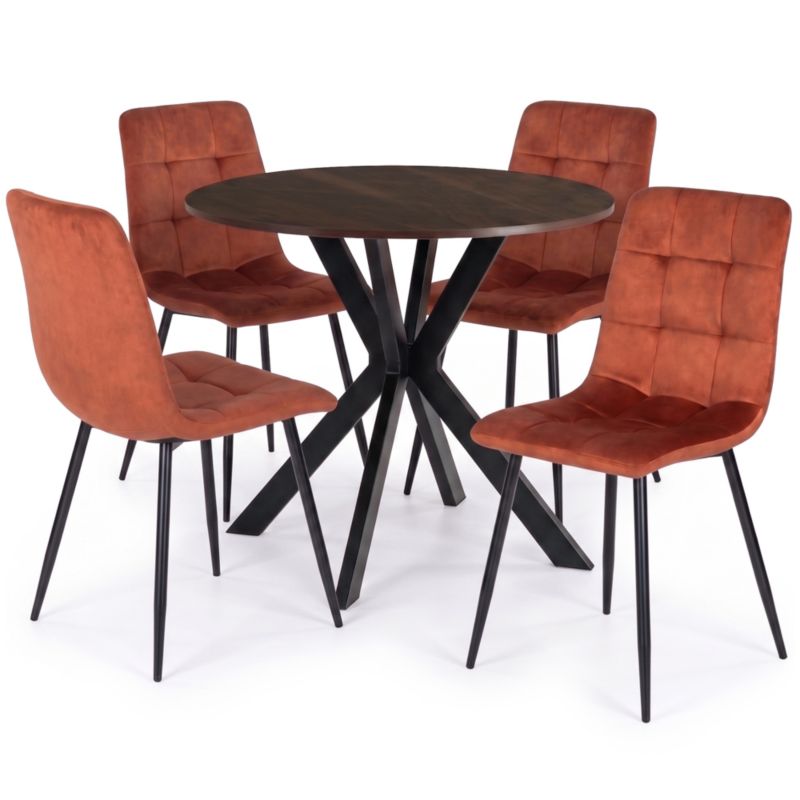 Zestaw Mebel Elite LAUREN + PERU Stół Okrągły 80 cm Orzech 4 Krzesła Welurowe Rude Do Jadalni 1 kpl.
