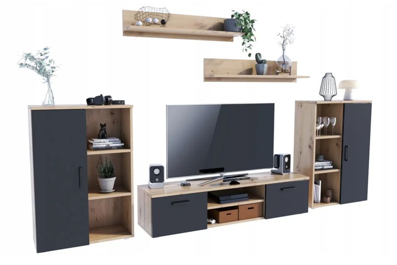 Zestaw mebli do salonu Kobi ERCOL szafka RTV, komody, półki - Dąb Artisan / Czarny 1 szt.