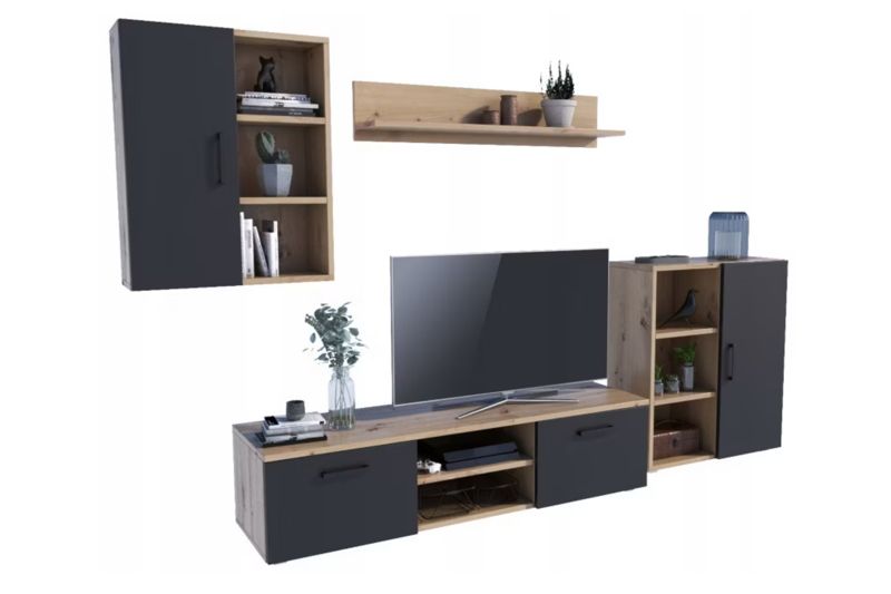 Zestaw mebli do salonu  Kobi ICARO szafka RTV, szafka stojąca, szafka wisząca, półka - Dąb Artisan / Czarny 1 szt.