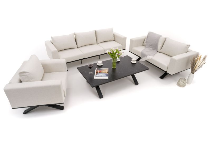 Zestaw mebli ogrodowych fotel sofa kanapa New Home MARABELLA beżowo czarny aluminiowy z blatem z płyty HPL 1 kpl