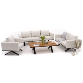 Zestaw mebli ogrodowych fotel sofa kanapa New Home MARABELLA beżowo drewniany aluminiowy z blatem z naturalnego drewna 1 kpl
