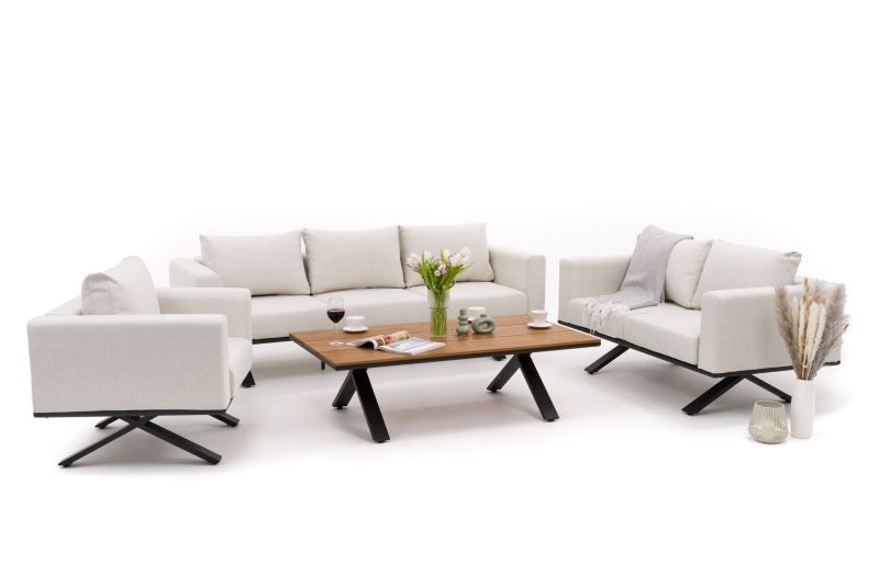 Zestaw mebli ogrodowych fotel sofa kanapa New Home MARABELLA beżowo drewniany aluminiowy z blatem z naturalnego drewna 1 kpl