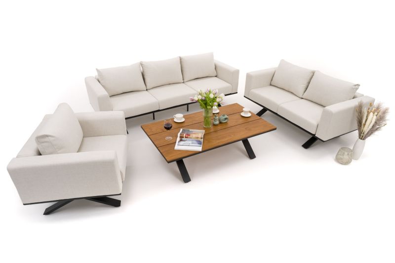 Zestaw mebli ogrodowych fotel sofa kanapa New Home MARABELLA beżowo drewniany aluminiowy z blatem z naturalnego drewna 1 kpl