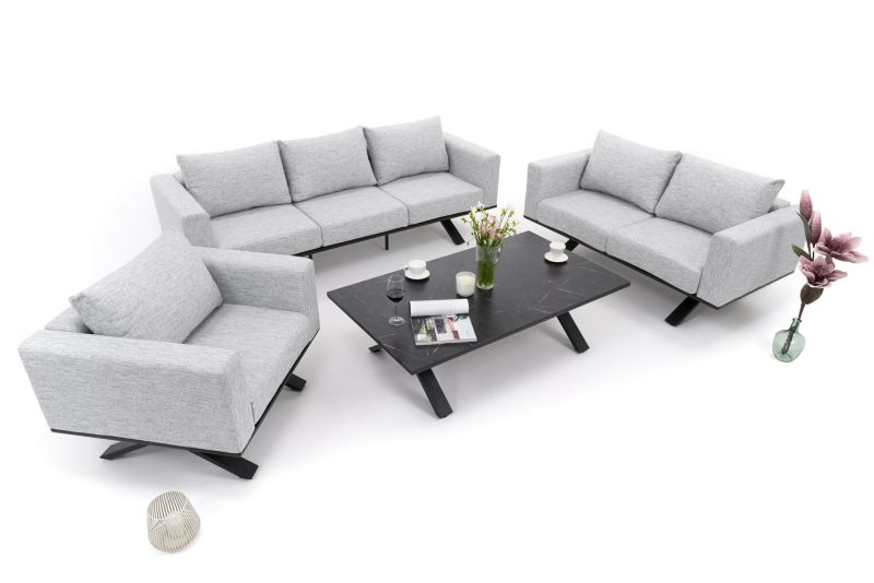 Zestaw mebli ogrodowych fotel sofa kanapa New Home MARABELLA szaro czarny aluminiowy z blatem z płyty HPL 1 kpl