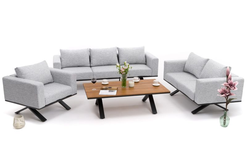 Zestaw mebli ogrodowych fotel sofa kanapa New Home MARABELLA szaro drewniany aluminiowy z blatem z naturalnego drewna 1 kpl
