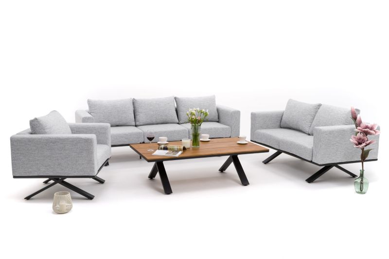 Zestaw mebli ogrodowych fotel sofa kanapa New Home MARABELLA szaro drewniany aluminiowy z blatem z naturalnego drewna 1 kpl