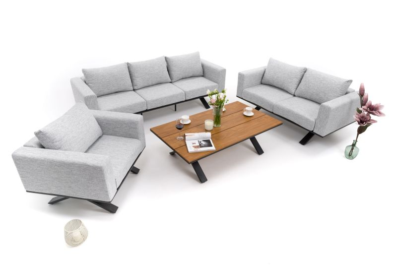 Zestaw mebli ogrodowych fotel sofa kanapa New Home MARABELLA szaro drewniany aluminiowy z blatem z naturalnego drewna 1 kpl
