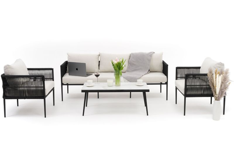Zestaw mebli ogrodowych sofa fotel New Home BELIZE beżowo biały aluminiowy z blatem z płyty HPL 1 kpl