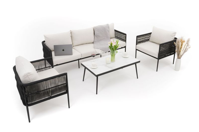 Zestaw mebli ogrodowych sofa fotel New Home BELIZE beżowo biały aluminiowy z blatem z płyty HPL 1 kpl