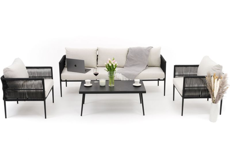 Zestaw mebli ogrodowych sofa fotel New Home BELIZE beżowo czarny aluminiowy z blatem z płyty HPL 1 kpl