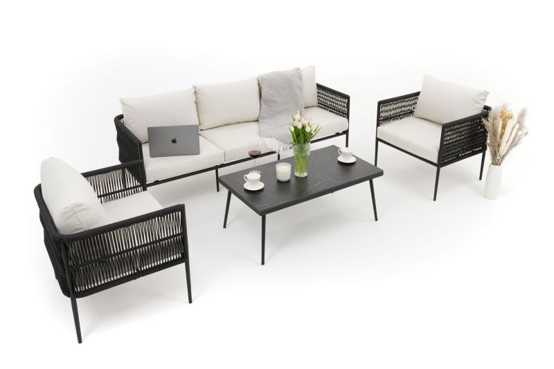 Zestaw mebli ogrodowych sofa fotel New Home BELIZE beżowo czarny aluminiowy z blatem z płyty HPL 1 kpl