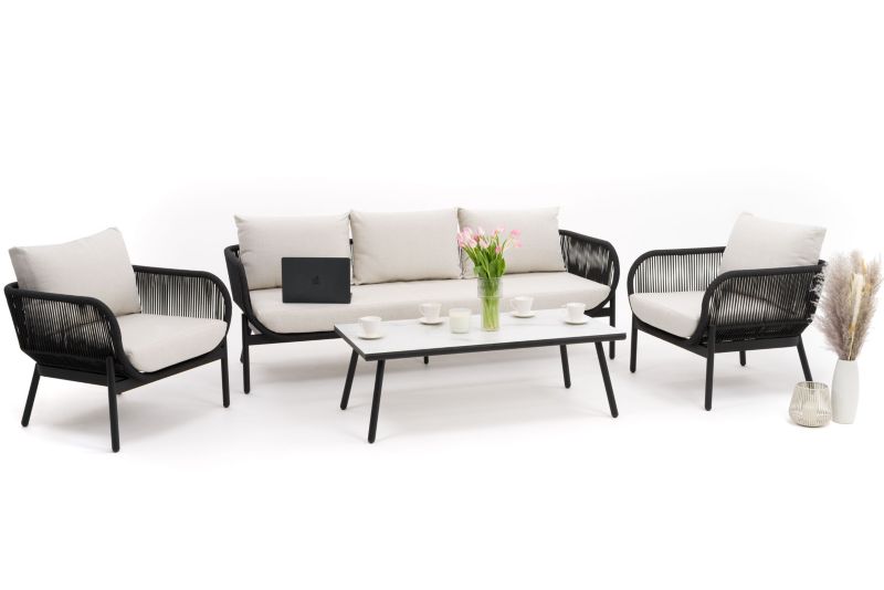 Zestaw mebli ogrodowych sofa fotel New Home BELIZE LUX beżowo biały aluminiowy z blatem z płyty HPL 1 kpl