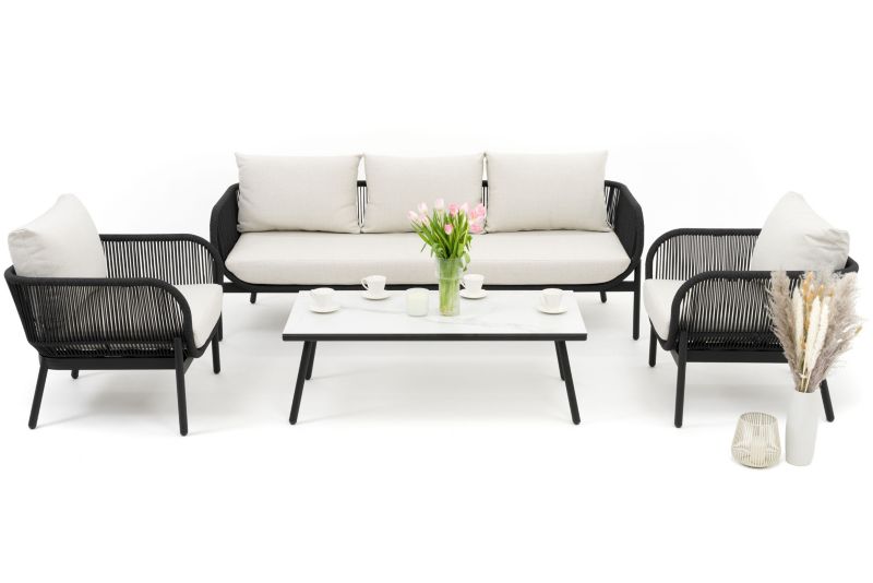 Zestaw mebli ogrodowych sofa fotel New Home BELIZE LUX beżowo biały aluminiowy z blatem z płyty HPL 1 kpl