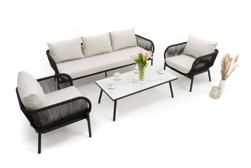 Zestaw mebli ogrodowych sofa fotel New Home BELIZE LUX beżowo biały aluminiowy z blatem z płyty HPL 1 kpl