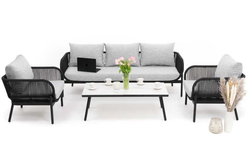 Zestaw mebli ogrodowych sofa fotel New Home BELIZE LUX szaro biały aluminiowy z blatem z płyty HPL 1 kpl