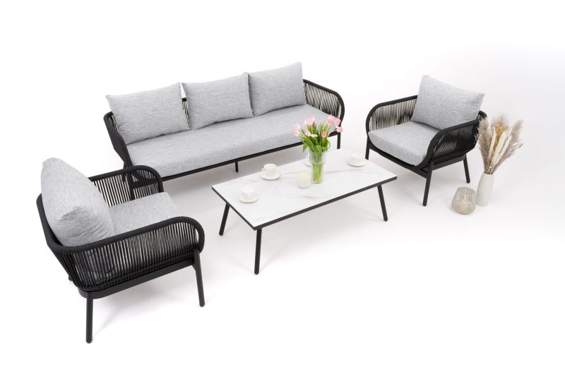 Zestaw mebli ogrodowych sofa fotel New Home BELIZE LUX szaro biały aluminiowy z blatem z płyty HPL 1 kpl
