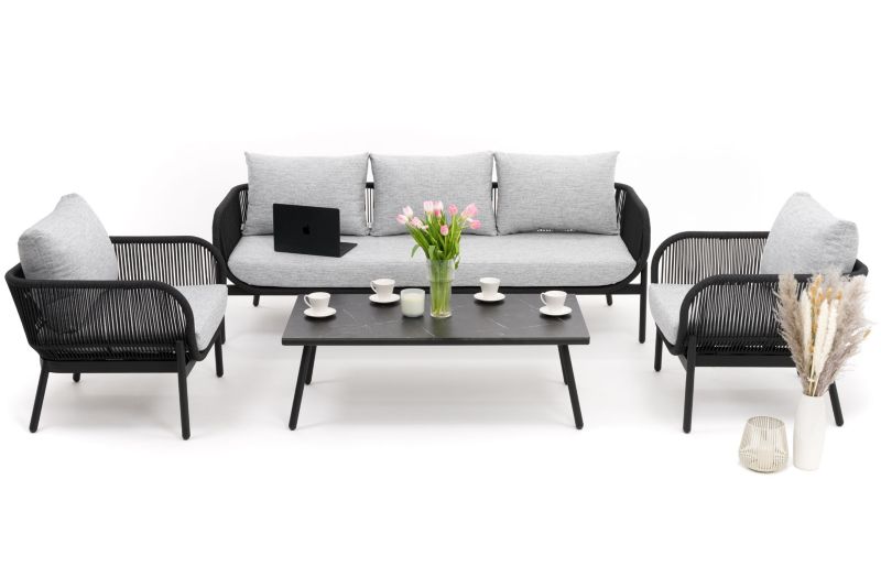 Zestaw mebli ogrodowych sofa fotel New Home BELIZE LUX szaro czarny aluminiowy z blatem z płyty HPL 1 kpl