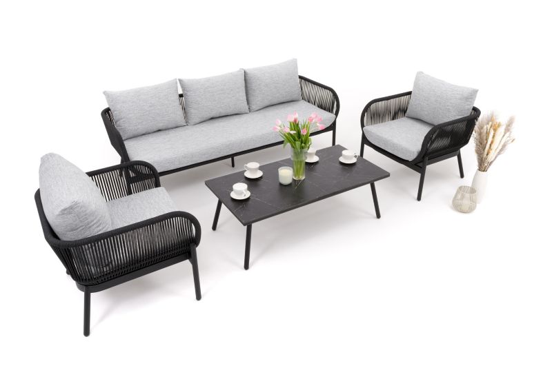 Zestaw mebli ogrodowych sofa fotel New Home BELIZE LUX szaro czarny aluminiowy z blatem z płyty HPL 1 kpl