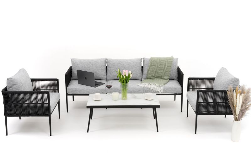 Zestaw mebli ogrodowych sofa fotel New Home BELIZE szaro biały aluminiowy z blatem z płyty HPL 1 kpl