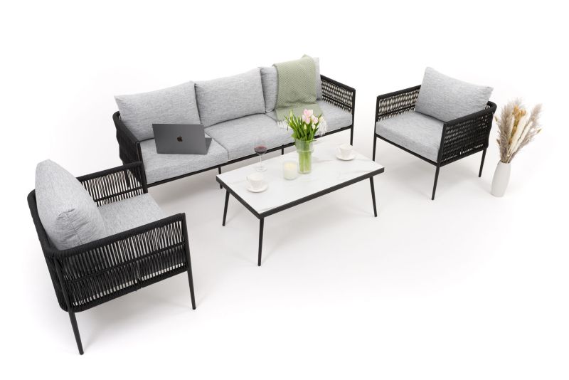 Zestaw mebli ogrodowych sofa fotel New Home BELIZE szaro biały aluminiowy z blatem z płyty HPL 1 kpl
