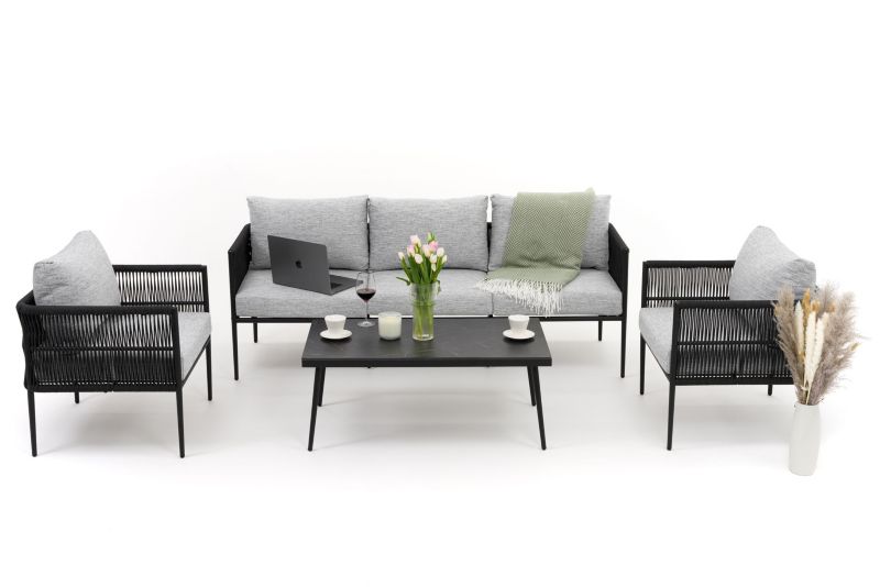 Zestaw mebli ogrodowych sofa fotel New Home BELIZE szaro czarny aluminiowy z blatem z płyty HPL 1 kpl