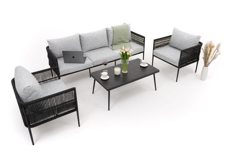 Zestaw mebli ogrodowych sofa fotel New Home BELIZE szaro czarny aluminiowy z blatem z płyty HPL 1 kpl