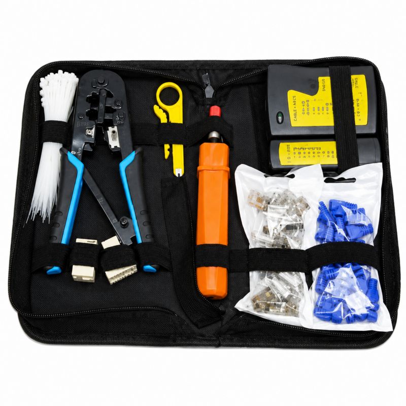 Zestaw Narzędzi Sieciowych 10w1 - Tester Kabli LAN, Zaciskarka RJ45, Ściągacz Izolacji, 20 Złączy, Opaski, Torba, 1 szt.