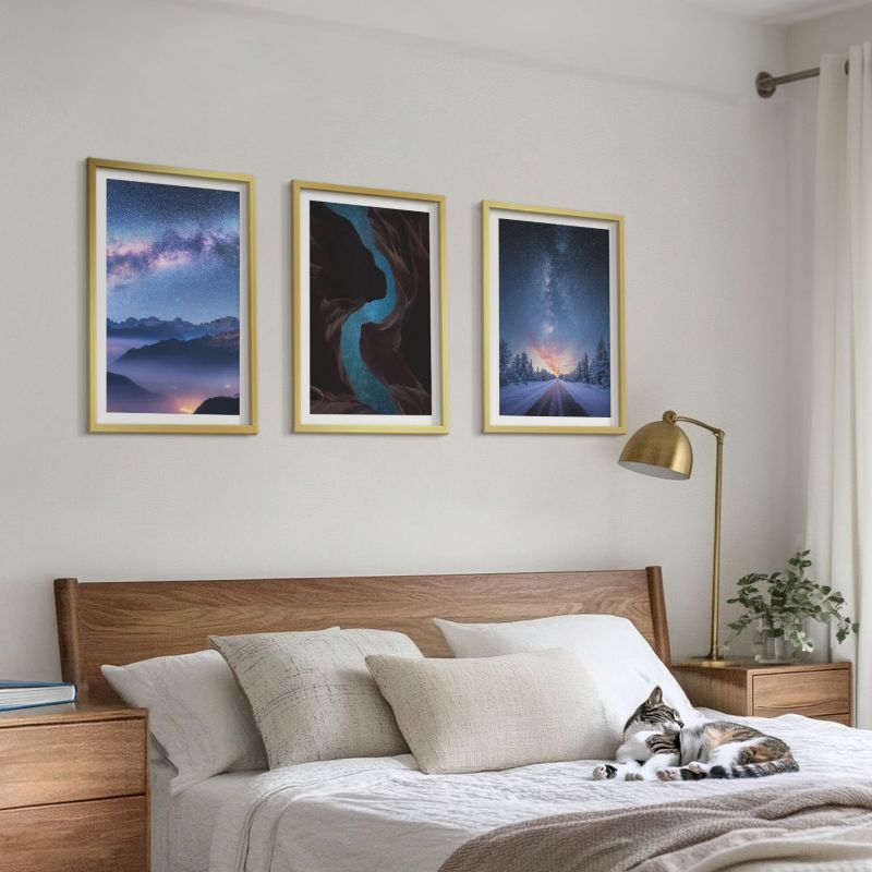 Zestaw Obrazów w Ramie Wallfluent Nocne niebo góry zimowy krajobraz Złota rama 40x60 cm 3 szt.
